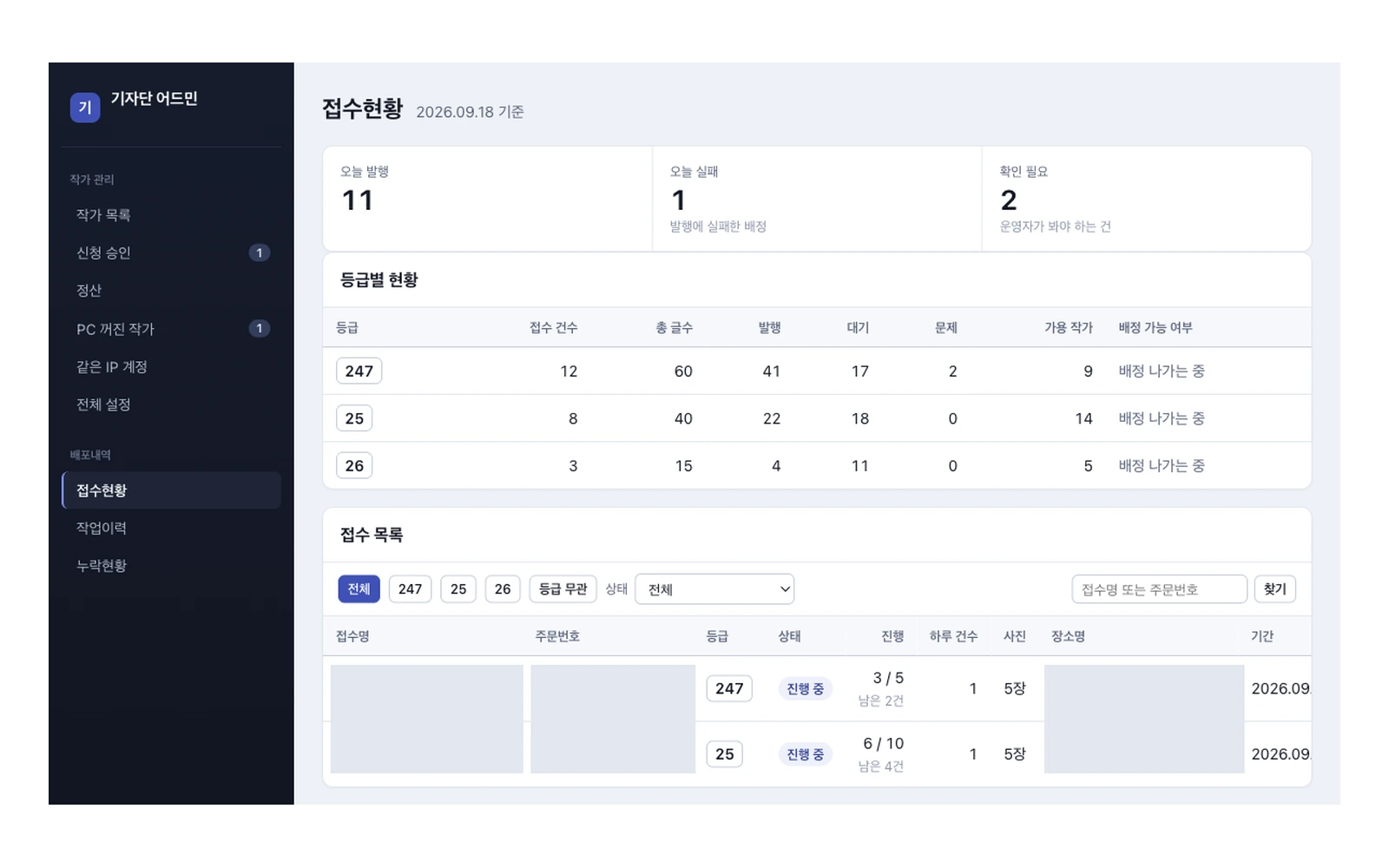 기자단 어드민 화면